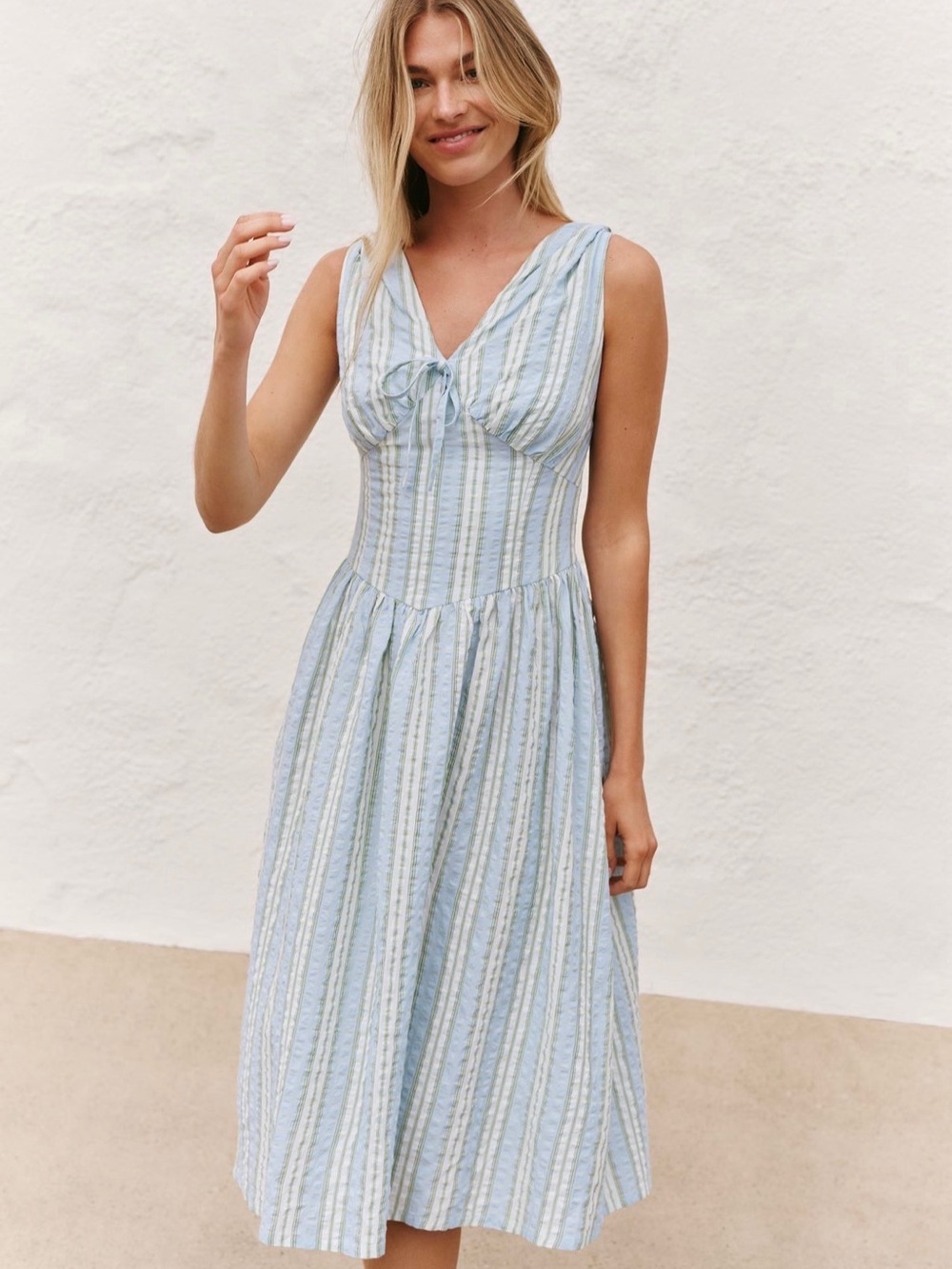 Celandine Sleeveless Blue Striped Midi Dress with Tie Front